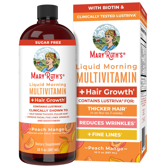 A 30 fl oz bottle and box of MaryRuths Liquid Morning Multivitamin + Hair Growth in peach mango flavor, labeled sugar free, promoting hair growth, thicker hair, better skin health, and reduced wrinkles/fine lines.