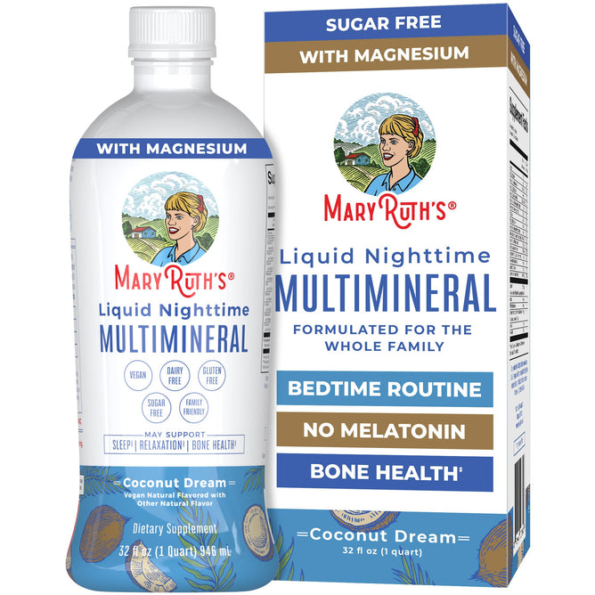 MaryRuth’s Liquid Nighttime Multimineral in Coconut Dream flavor offers magnesium for bone health, a sugar-free sleep routine, no melatonin, and the gentle benefits of a liquid multimineral.