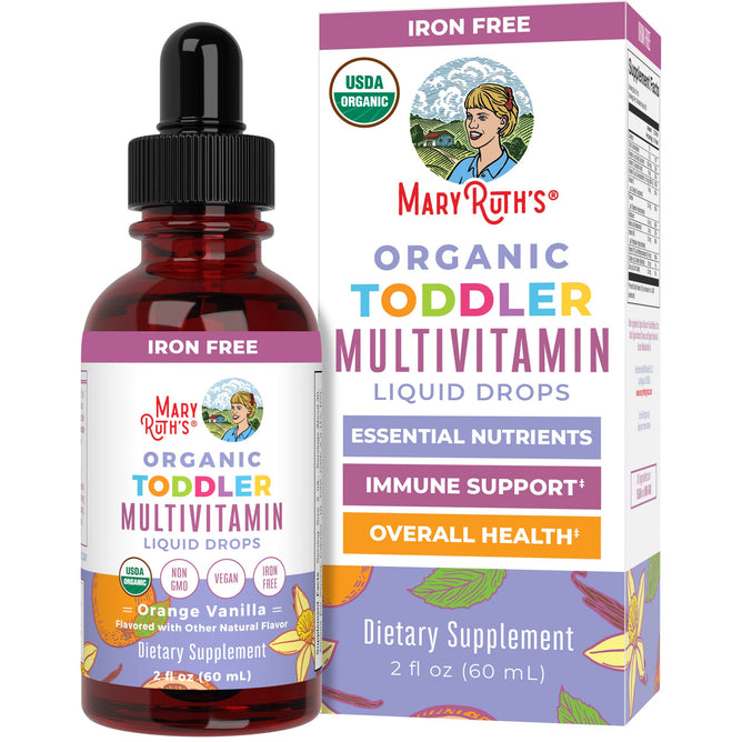 A bottle and box of MaryRuths Toddler Multivitamin Drops, iron free, orange vanilla flavor, USDA organic, non-GMO, vegan, gluten free; packaging highlights immune support and overall health.