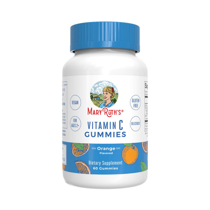 A white bottle of MaryRuth’s Vitamin C Gummies, Orange, 60 ct features vegan and gluten-free icons, suitable for ages 2+ with orange flavor and antioxidant support—perfect for your wellness.