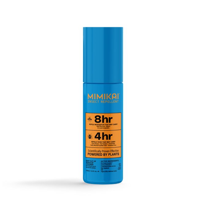 The MIMIKAI Mosquito & Tick Repellent Spray comes in a blue bottle with an orange label featuring bold black text. It provides 8-hour mosquito protection against diseases like Zika and Dengue, and 4-hour tick protection against Lyme Disease. Infused with Undecanone, it is plant-powered and scientifically proven.