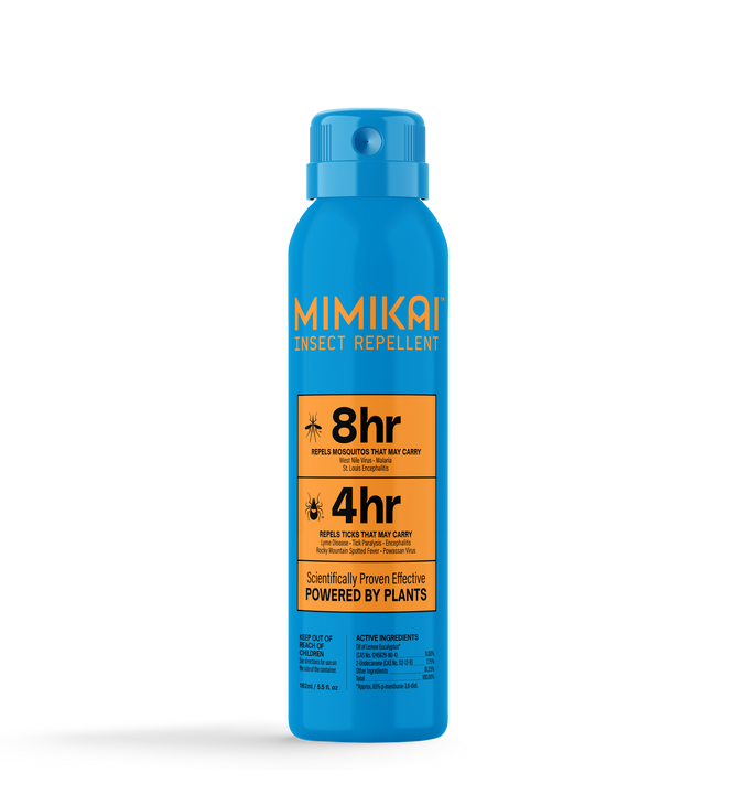 A blue can of MIMIKAI Mosquito & Tick Repellent Mist with an orange label highlights its effectiveness, stating it repels mosquitoes for 8 hours and ticks for 4 hours using scientifically proven Undecanone technology, powered by plants.