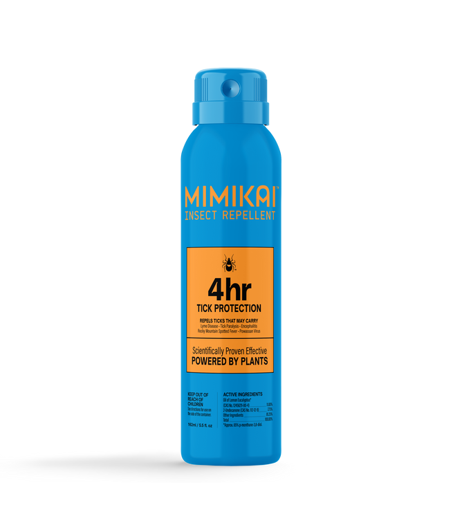 The MIMIKAI Tick Repellent Mist comes in a blue spray can with orange accents, offering a plant-based DEET alternative for repelling mosquitoes and ticks. It provides 4-hour scientifically proven tick protection. Check the active ingredients list and back panel warnings for safety.