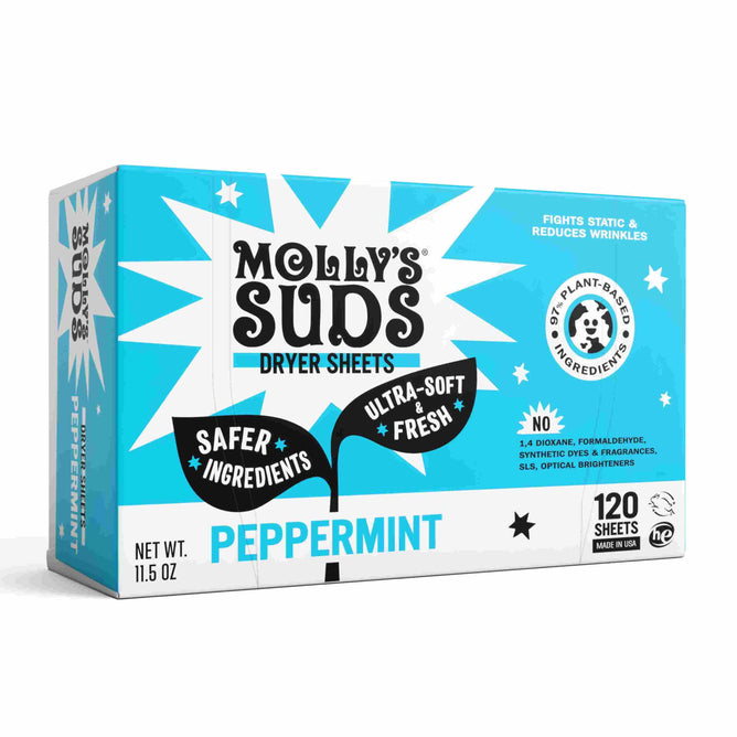 Mollys Suds Fabric Dryer Sheets in peppermint scent come in blue and white packaging, highlighting a 97% plant-based formula for an ultra-soft feel and fresh aroma. Each box weighs 11.5 oz and includes 120 sheets, providing a safer laundry experience.