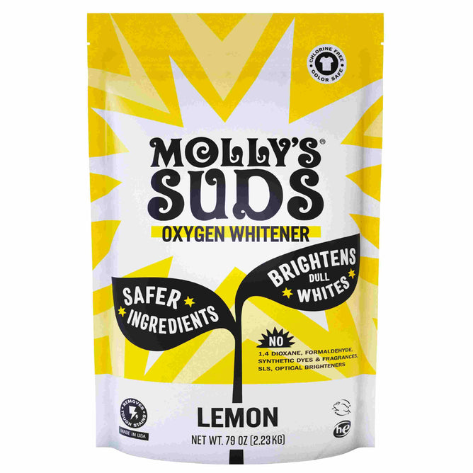 The 79 oz Mollys Suds Oxygen Whitener XL package in yellow and white features black and white text highlighting its chlorine-free bleach alternative. Offering safer ingredients with brightening effects, it comes in a refreshing lemon scent and is cruelty-free.
