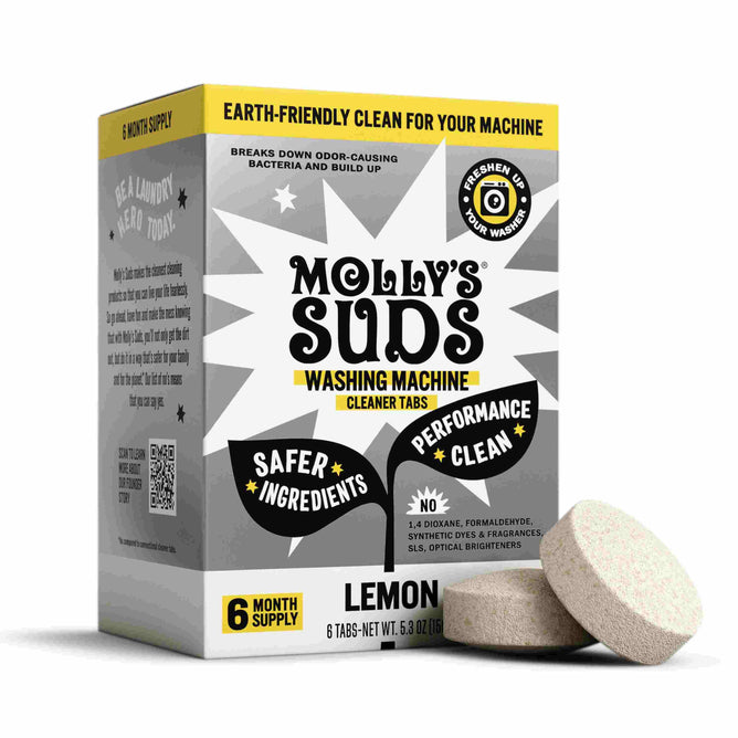 Mollys Suds Washing Machine Cleaner, lemon-scented, uses safer ingredients for effective odor removal. Earth-friendly and septic safe, the product comes with two tablets beside the box for a fresh, clean machine every time.
