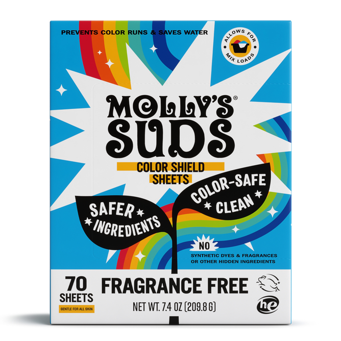 A box of Molly’s Suds Color Catcher Laundry Sheets features rainbow stripes, bold text, and icons for “Safer Ingredients,” “Color-Safe Clean,” “Fragrance Free,” and “70 sheets” to help save time and reduce laundry loads.