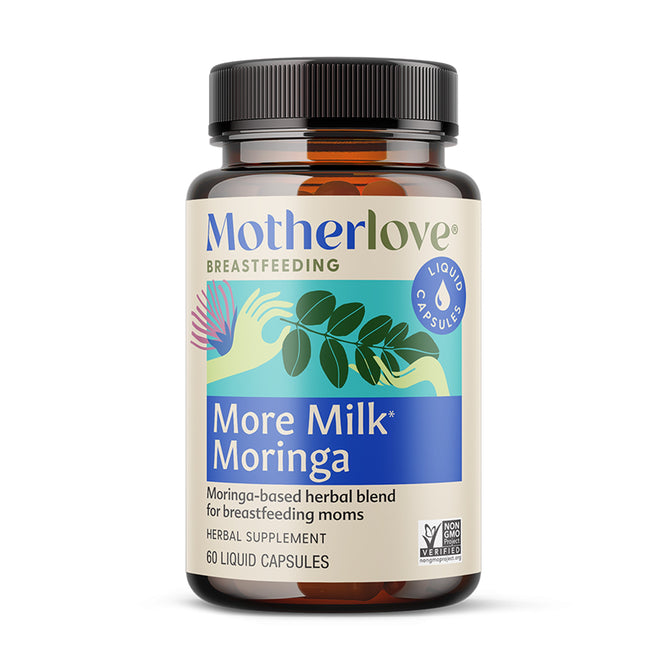 A brown bottle of Motherlove More Milk Moringa with 60 liquid capsules, a blue and beige label, Non-GMO Project Verified seal, and a fenugreek-free moringa supplement for breastfeeding moms.
