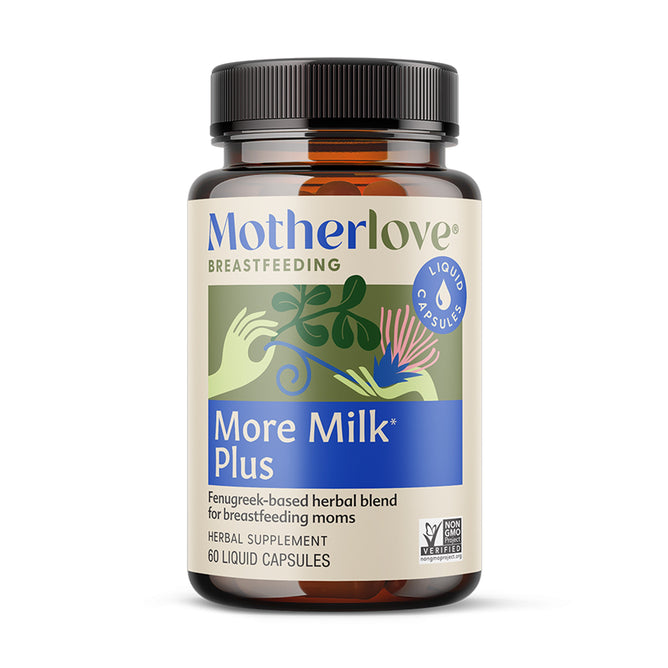 Motherlove More Milk Plus lactation supplement for breastfeeding moms, featuring a label with green leaves, hands, and a breast, contains 60 liquid capsules to help support breast milk supply.