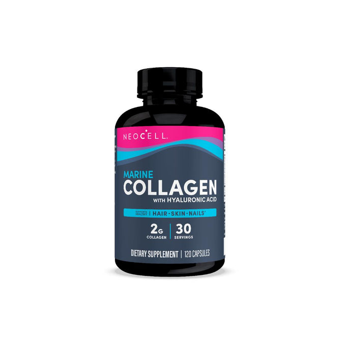 NeoCell Marine Collagen dietary supplement contains 120 capsules with fish-sourced collagen and hyaluronic acid. Each serving provides 2g collagen, supporting hair, skin, and nails for a more youthful appearance.