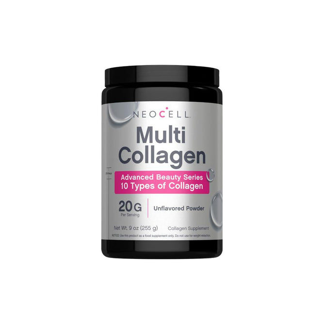 NeoCell Multi Collagen powder comes in a black 9 oz (255g) container, offers 10 types of collagen with high bioavailability, and provides 20g unflavored collagen per serving. Labeled Advanced Beauty Series.