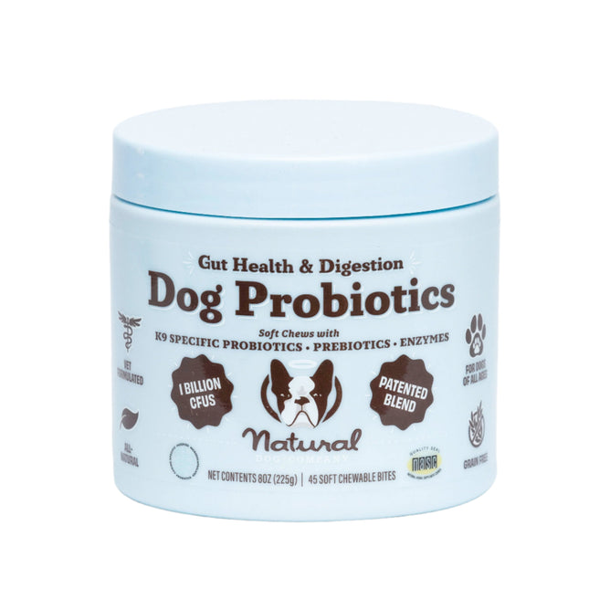 The light blue container of Gut Health & Digestion Dog Probiotics by Natural Dog Company promotes digestive health and gut benefits. It includes immune support with a patented blend of 1 billion CFUs in 45 soft chews, featuring a dog image on the label.