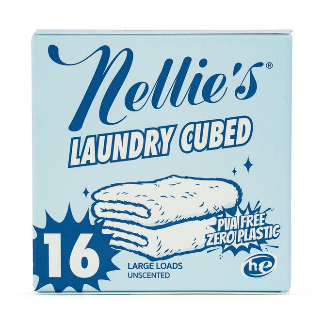 Nellies Laundry Cubed blue box for large loads is unscented, eco-friendly, and highly concentrated. It features folded laundry artwork with the text 16, PVA Free, Zero Plastic, and the HE symbol, emphasizing its green cleaning power.