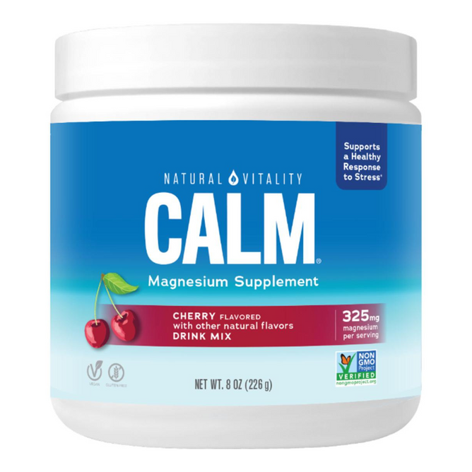 A white and blue container of Natural Vitality CALM Cherry features cherries on the label. The front states 325 mg magnesium per serving and promotes stress relief for restful sleep.