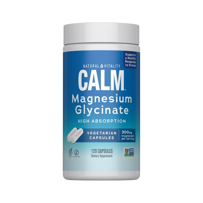 Natural Vitality CALM Magnesium Glycinate offers 300mg magnesium per serving in vegetarian capsules. Each bottle contains 120 capsules with blue and white packaging.