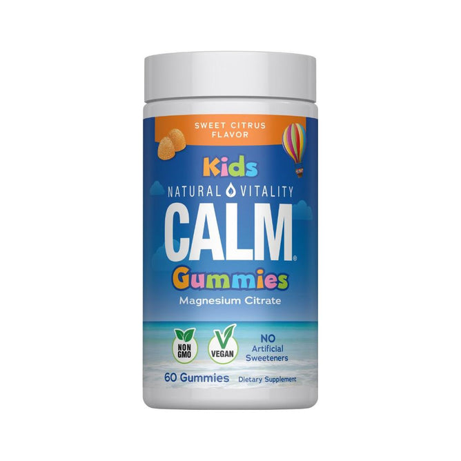 A bottle of Natural Vitality CALM Kids Sweet Citrus magnesium gummies for kids, non-GMO and vegan with no artificial sweeteners. Contains 60 gummies; label features colorful text and a hot air balloon graphic.