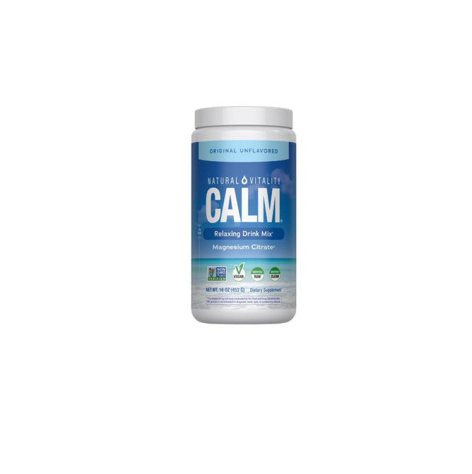 A container of Natural Vitality CALM Original, a magnesium supplement for stress relief. The blue and white label displays supplement details and certification icons at the bottom.