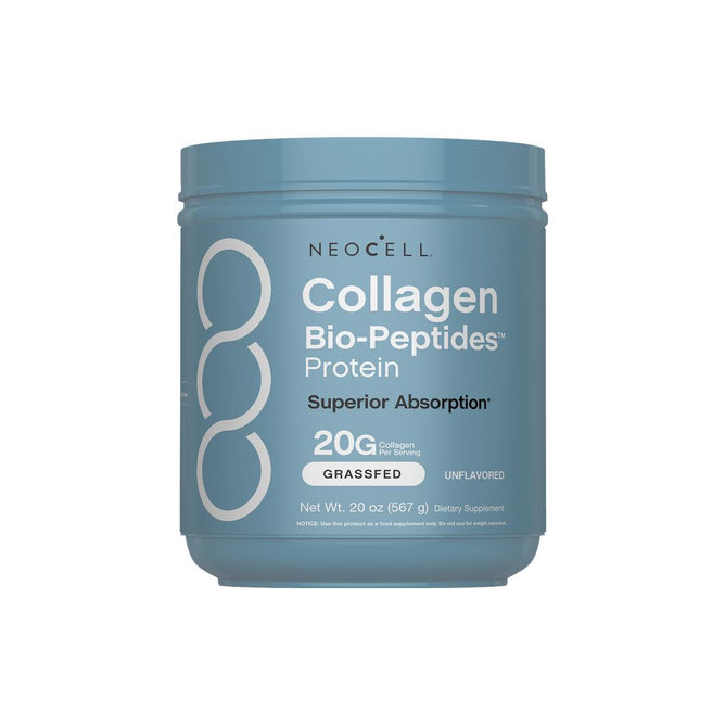 A 20 oz (567 g) container of NeoCell Collagen Peptides Grass Fed (Performance), unflavored, provides 20g protein per serving. The blue label displays white text and circular graphics for a grassfed body boost.