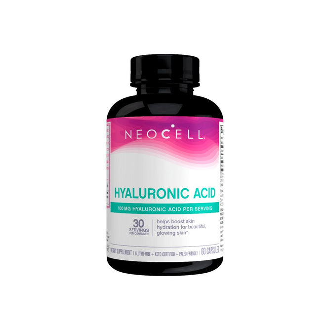 A NeoCell Hyaluronic Acid, 100 mg supplement with 60 capsules supports skin hydration. The bottle has a black cap, a white label, and provides 100 mg hyaluronic acid per serving for a hydrated complexion.
