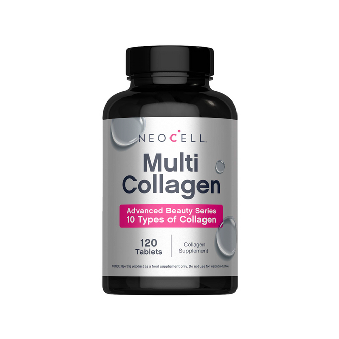 A black bottle of NeoCell Multi Collagen, labeled Advanced Beauty Series with 10 types of collagen, 120 tablets, and enhanced bioavailability, is shown with water droplets on a white background.