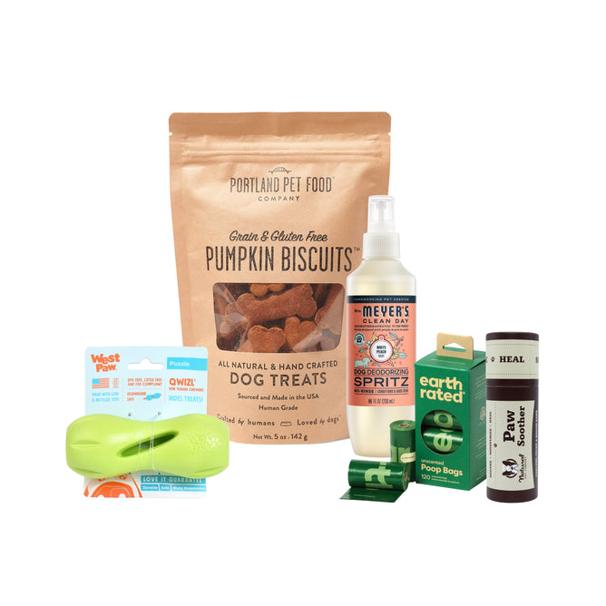 The Hello, New Dog – Starter Essentials by Grove Collaborative features pumpkin biscuits, dog treats, pet odor spritz, a green treat toy, waste bags with dispenser, and a paw balm stick arranged on a white background.