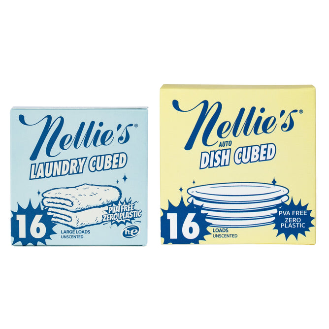 Two square Nellies boxes: blue Laundry Cubes with a towel and yellow Dish Cubes with dishes. Both offer planet-friendly, unscented, concentrated cleaning for 16 loads and are plastic-free. Buy Laundry Cubes and get Dish Cubes free!.