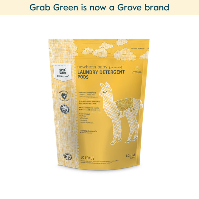 A yellow bag of grab green Newborn Laundry Detergent Pods - Chamomile (Coming Soon!) with a llama illustration, labeled for 30 loads and safe for cloth diapers. Text above reads: grab green is now a Grove brand.