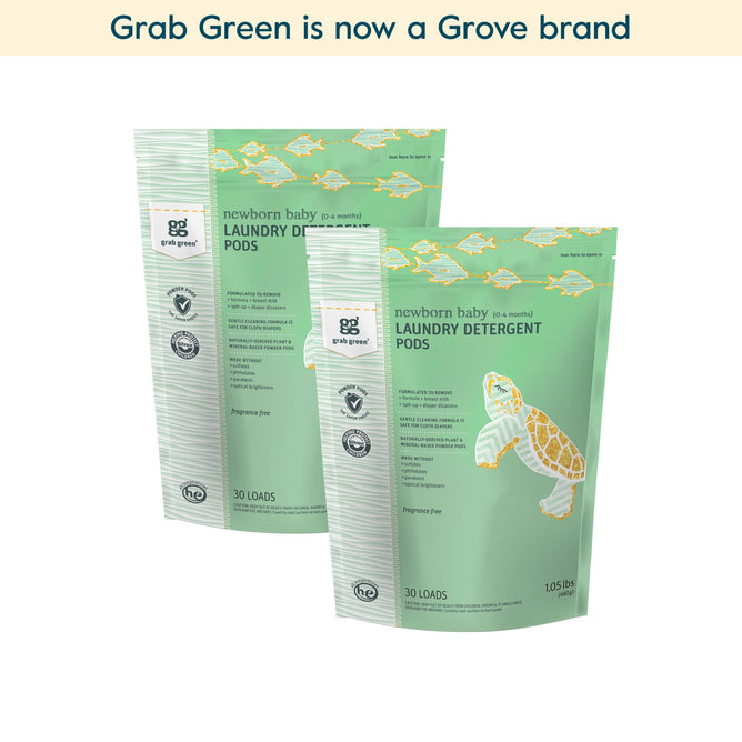 Two green bags of grab green Newborn Laundry Detergent Pods - 2 Pack - Fragrance Free. Features turtle and fish art. Now a Grove brand. Safe for cloth diapers, provides 30 loads per bag and effective stain removal. Coming soon!.