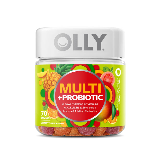 OLLYs Adult Multi + Probiotic offers a 70-piece gummy vitamin blend featuring antioxidants such as vitamins A, C, D, E, Bs, zinc, and probiotics. The packaging is adorned with vibrant fruit images like pineapples and oranges.