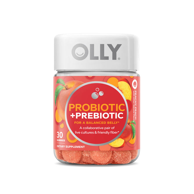 OLLYs Probiotic + Prebiotic gummies jar, with a lively fruit-illustrated design, contains 30 gummies enriched with prebiotic fiber to support digestive and belly health.