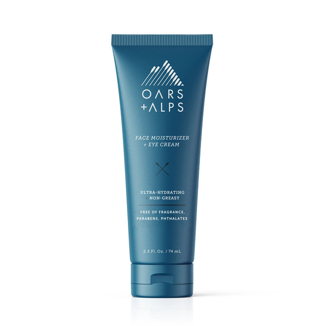 Oars + Alps Face + Eye Cream in a blue tube is ultra-hydrating, non-greasy, fragrance-free, and free of parabens and phthalates. It helps improve skin elasticity. Contains 2.5 fl oz (74 mL).