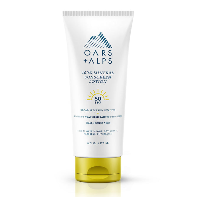 A white tube of Oars + Alps 100% Mineral Sunscreen Lotion - SPF 50 with a yellow cap, featuring broad-spectrum protection, non-nano zinc, water resistance, and hydrating hyaluronic acid.