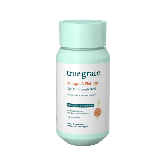 The True Grace Omega-3 Fish Oil comes in a light green bottle and is highly concentrated for brain and heart health, offering 1400 mg of EPA and DHA per serving. With 120 sustainably sourced soft gels, it promotes cognitive and cardiovascular well-being.