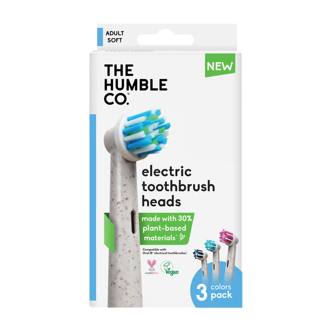 The Humble Co. Electric toothbrush heads—Philips Sonicare compatible, made with 30% plant-based materials, BPA & PFAS-free, vegan, dentist-approved—feature three colored brush heads in eco-friendly packaging.