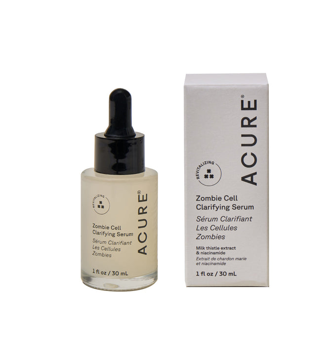 A 1 fl oz bottle of Acure Zombie Cell Clarifying Serum with a black dropper cap sits beside its white box. Infused with milk thistle extract, this serum targets fine lines to promote smoother-looking skin.
