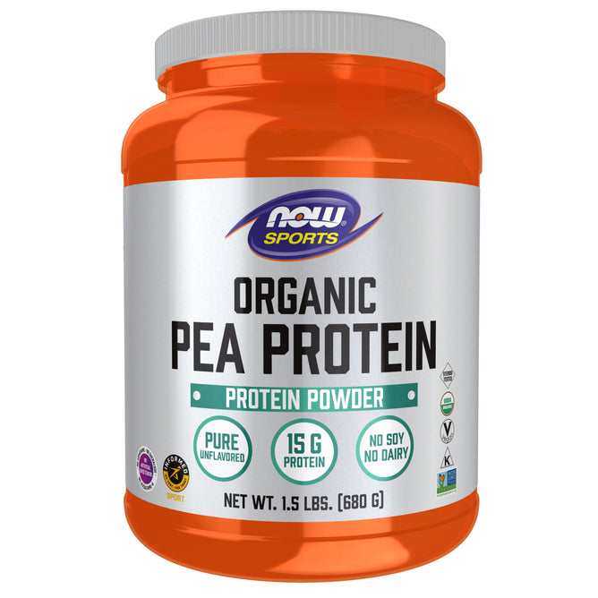 An orange container of NOW Foods Pea Protein Organic features Pure Unflavored, 15g non-GMO vegetable protein, No Soy, No Dairy labels, plus certification icons. Ideal for post-workout nutrition. Net weight: 1.5 lbs (680g).