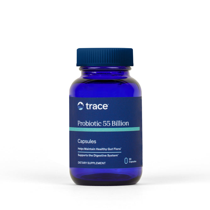 A blue Trace Minerals Probiotic 55 Billion bottle with a blue cap holds 30 delayed-release capsules that help maintain healthy intestinal flora and support digestive health.