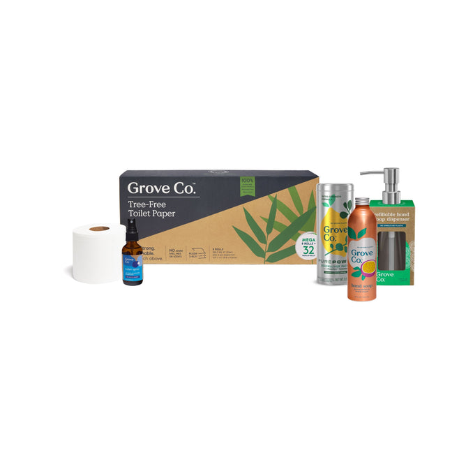 The Welcome Home Essentials Set by Grove Collaborative includes sustainable staples like tree-free toilet paper, a glass dropper bottle, metal spray can, pump bottle, and a reusable soap dispenser—perfect for any new house.
