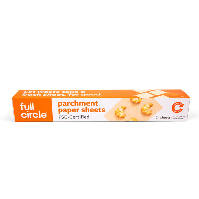 This pack of Full Circle Parchment Paper Sheets - Half Sheets includes 24 non-stick silicone sheets (12.5 x 16) featuring a bright orange and white design with pastry images. Perfect for bakeware collections, these FSC-certified sheets enhance your baking experience.