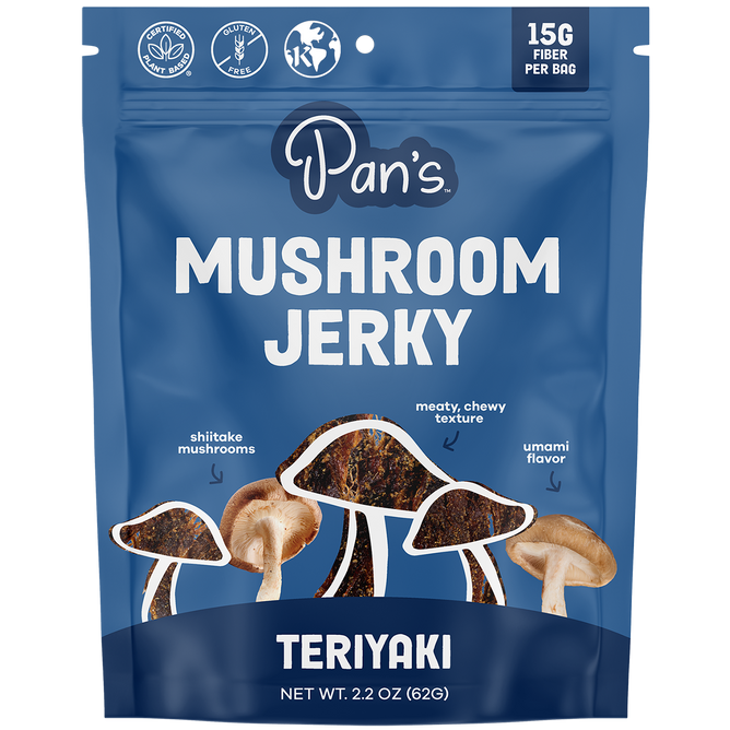 Pans Teriyaki Mushroom Jerky, in a blue bag, highlights Shiitake Mushrooms, a Meaty, Chewy Texture, and rich Umami Flavor. Its vegan, gluten-free, and contains 15g of fiber per bag.