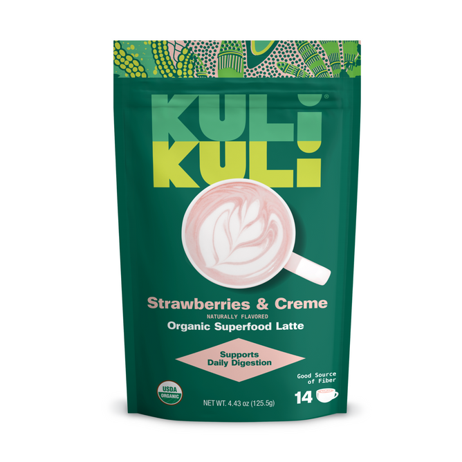 A green Kuli Kuli Foods pouch labeled Gut Health Organic Superfood Latte features a fiber-rich blend for digestion, displays a pink and white latte, highlights climate-smart plants, and contains 14 servings.