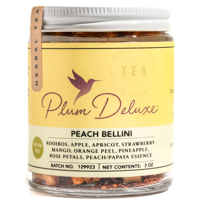 Plum Deluxe Peach Bellini Tea is a caffeine-free blend with red rooibos, apple, apricot, strawberry, and mango pieces. Enjoy a refreshing treat in every 2 oz jar with its vibrant yellow label.