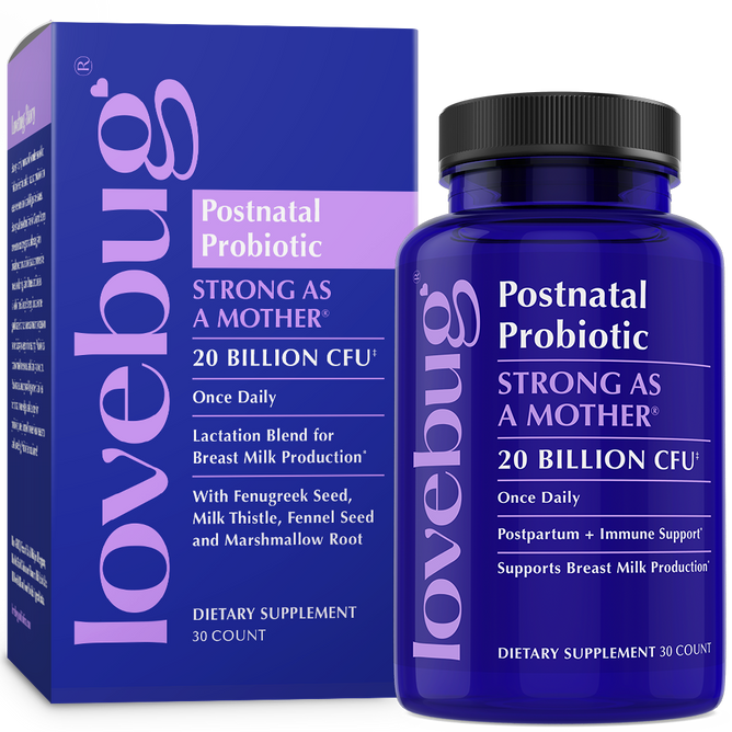 A purple box and bottle of Lovebug Postnatal Probiotic - Lactation Blend, labeled Strong as a Mother, contains 30 capsules with 20 billion CFU to support postpartum digestive health and breast milk production.