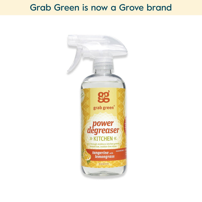 Grab green Power Degreaser - Tangerine with Lemongrass (Coming Soon!) is a phosphate-free kitchen cleaner that cuts through grease. Grab Green is now a Grove brand.