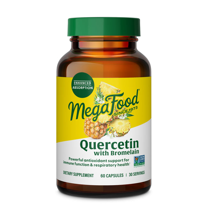 A brown bottle of MegaFood Quercetin with Bromaline supplement features yellow and green labels with pineapple images. Each bottle contains 60 capsules for antioxidant, immune, and respiratory support.