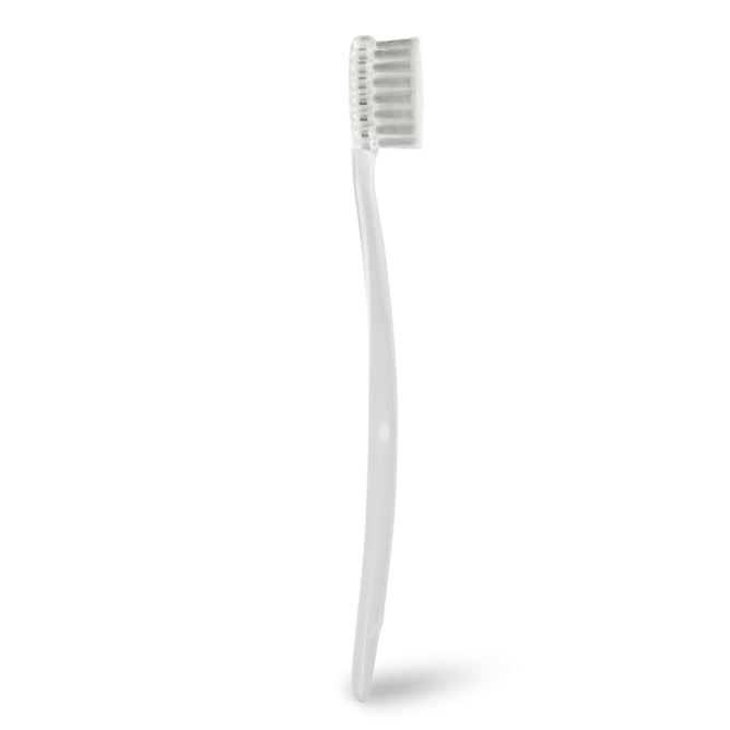 The Radius Pure Brush 6 mo+ is a white baby toothbrush with soft bristles for sensitive mouths, shown standing upright on a plain white background.