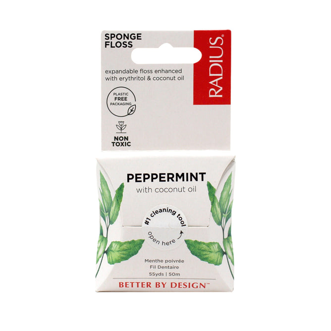 A 55-yard (50m) box of Radius Vegan Floss in peppermint and coconut oil, with cavity-fighting erythritol, green mint leaves, non-toxic, plastic-free packaging, and an easy-open tab.