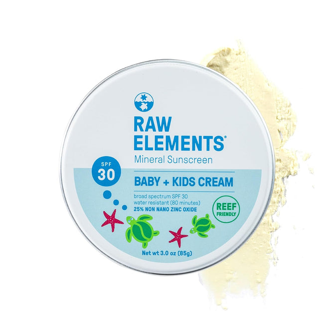 Raw Elements Baby + Kids Lotion Tin SPF 30 provides gentle, broad-spectrum UVA-UVB protection in a round tin. Decorated with turtles, starfish, and seaweed, it features a reef-friendly formula with 25% non-nano zinc oxide.