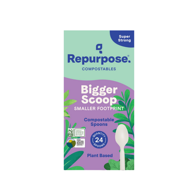 Repurpose Compostable Spoons—plant-based, non-toxic, and super strong—perfect for ice cream. Box contains 24 spoons in green and purple packaging with leaf designs and a white spoon image.