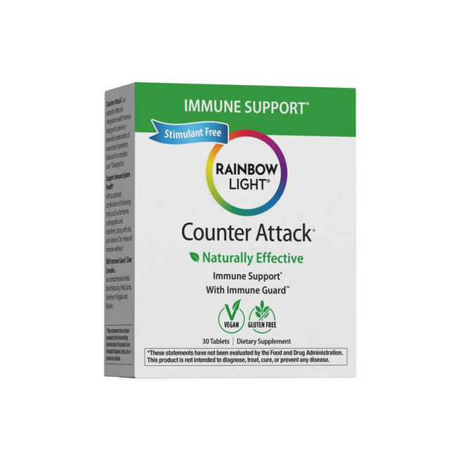 Rainbow Light Counter Attack, 30 ct, is a vegan and gluten free immune health supplement featuring berberine. The mostly white box with green accents contains 30 tablets for immune support.